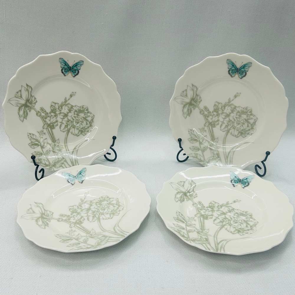 222 Fifth Ananda Salad Plates 8.5" Set 4 White Floral Butterfly Scalloped Edge
